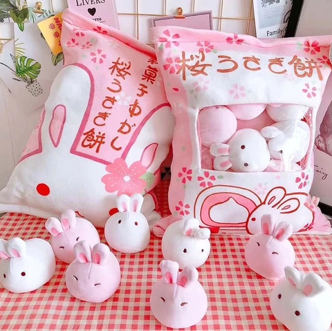 Sakura Bunnies Tsumettow Pillow Front and Back with Plushies Exposed